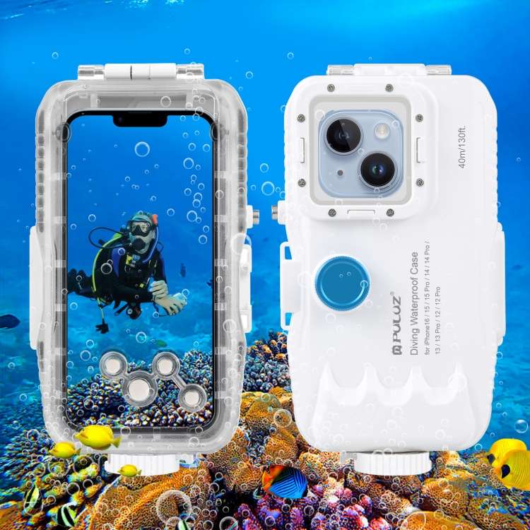PULUZ 40m/130ft Waterproof Diving Case for iPhone 16 / 15 / 15 Pro / 14 / 14 Pro / 13 ... (White)