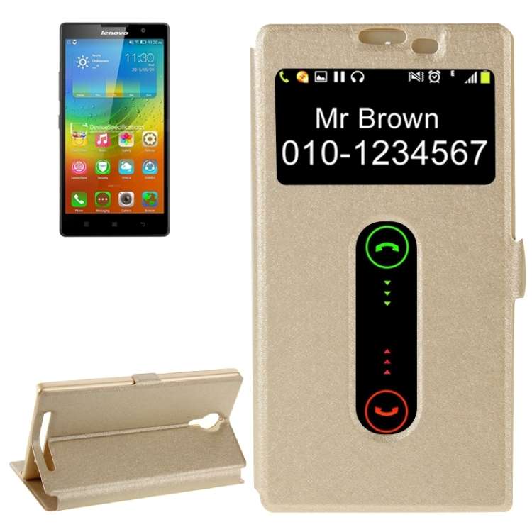 Cross Texture Horizontal Flip Leather Case with Caller ID Display & Holder for Lenovo K80(Gold)
