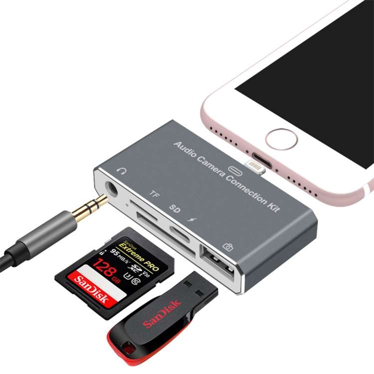 D-198 5 in 1 8 Pin to USB HUB +USB-C / Type-C + 3.5mm Earphone + SD + TF Card Reader for MacBook,