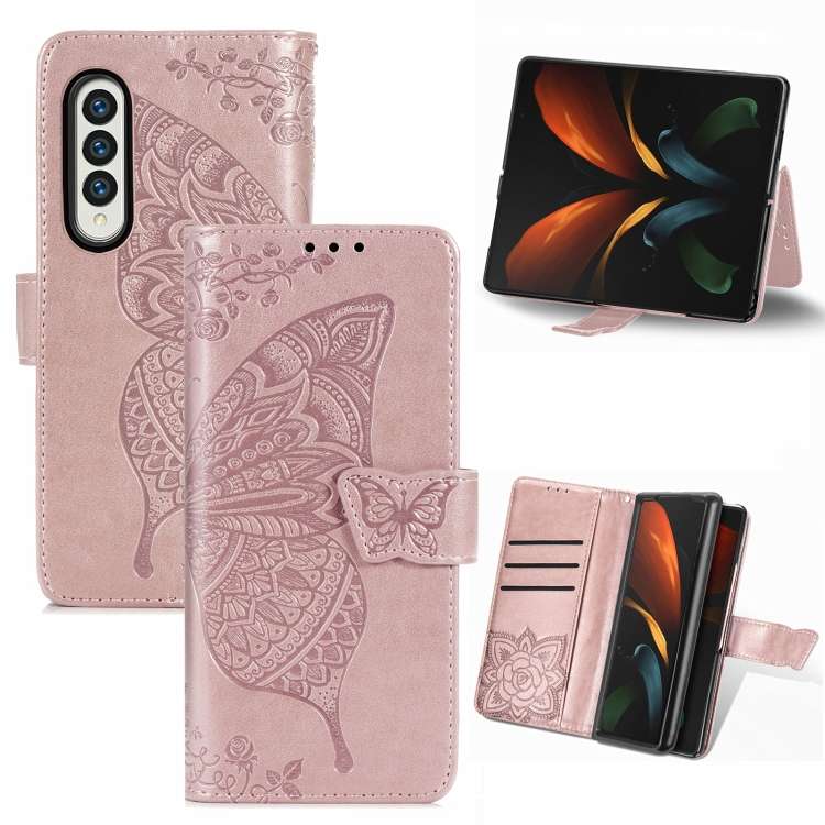 For Samsung Galaxy Z Fold4 Butterfly Love Flower Embossed Horizontal Flip Leather ... (Rose Gold)