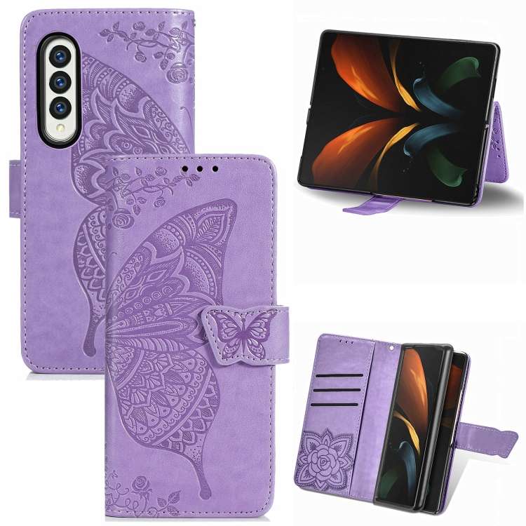 For Samsung Galaxy Z Fold4 Butterfly Love Flower Embossed Horizontal Flip Leath ... (Light Purple)