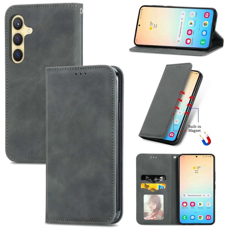 For Samsung Galaxy S25 5G Retro Skin Feel Magnetic Leather Phone Case(Gray)