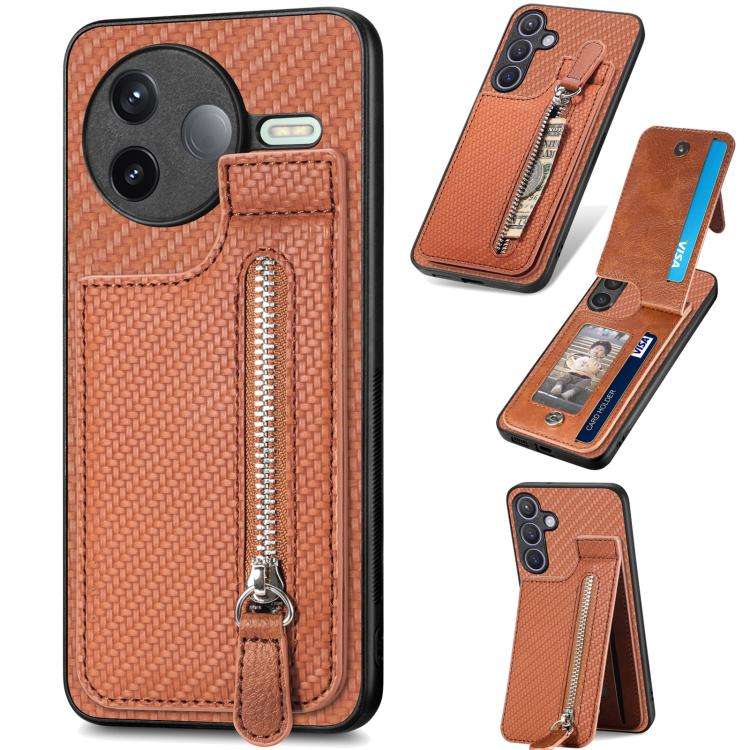 For Redmi K80 / Poco F7 Pro Carbon Fiber Vertical Flip Zipper Phone Case(Brown)