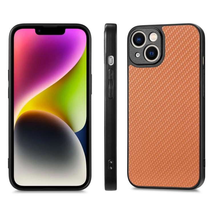 For iPhone 13 mini Carbon Fiber Texture Leather Back Phone Case(Brown)