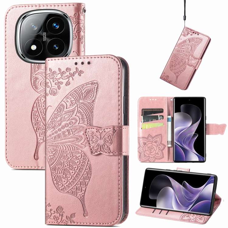 For Xiaomi Redmi Note 14 Pro 5G Butterfly Love Flower Embossed Leather Phone Case(Rose Gold)