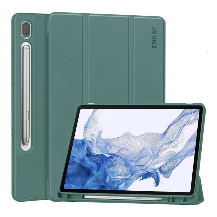 For Samsung Galaxy Tab S9 ENKAY Tri-fold Custer Leather TPU Bottom Smart Case wit ... (Dark Green)
