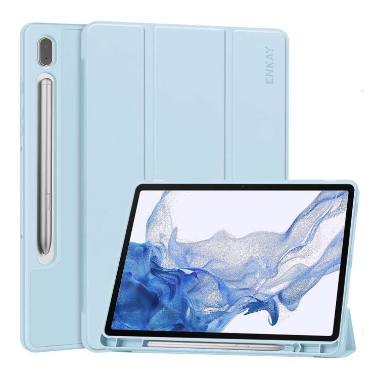 For Samsung Galaxy Tab S9 ENKAY Tri-fold Custer Leather TPU Bottom Smart Case wit ... (Light Blue)