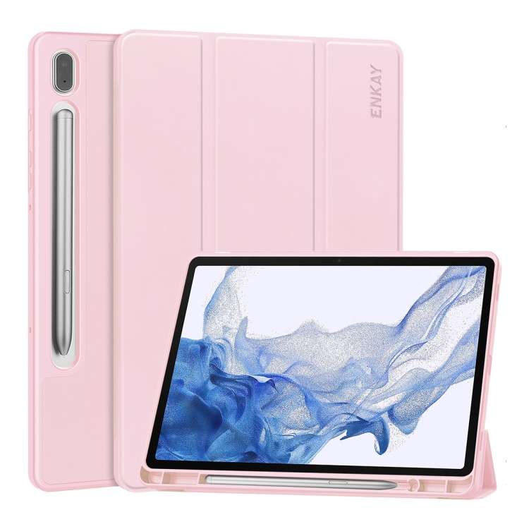 For Samsung Galaxy Tab S9 ENKAY Tri-fold Custer Leather TPU Bottom Smart Case with Pen Slot(Pink)