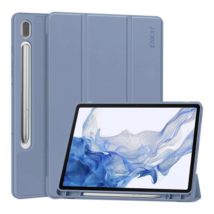 For Samsung Galaxy Tab S9 ENKAY Tri-fold Custer Leather TPU Bottom Smart Case with Pe ... (Purple)