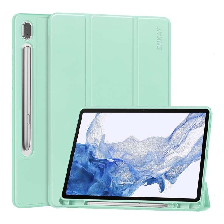 For Samsung Galaxy Tab S9 ENKAY Tri-fold Custer Leather TPU Bottom Smart Case wi ... (Light Green)