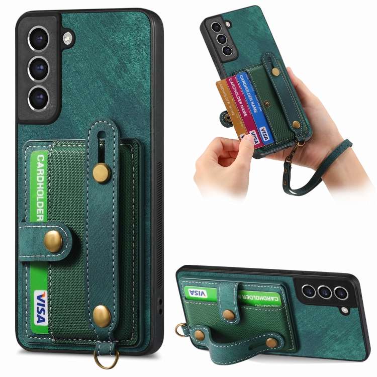 For Samsung Galaxy S21+ 5G Retro Cross Wristband Wallet Leather Back Phone Case(Green)