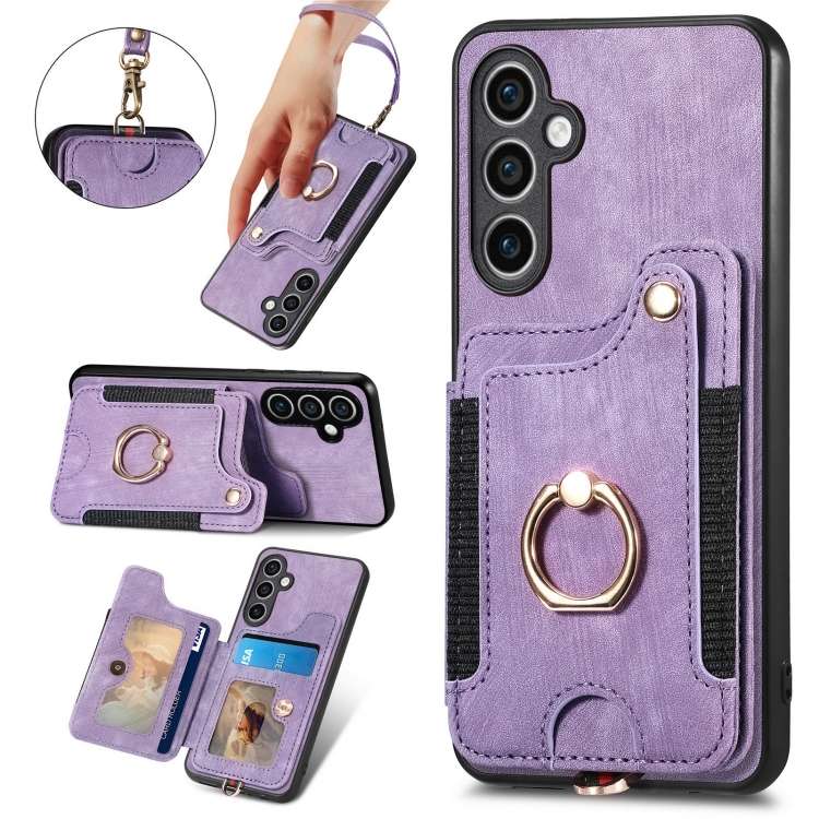For Samsung Galaxy S23 FE 5G Retro Skin-feel Ring Multi-card Wallet Phone Case(Purple)