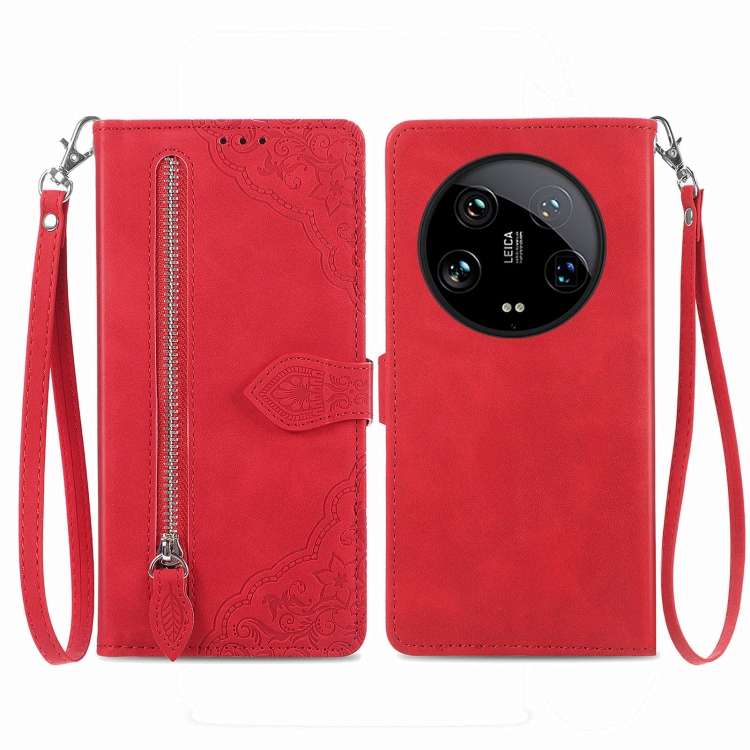 For Xiaomi 14 Ultra Embossed Flower Zipper Leather Phone Case(Red)