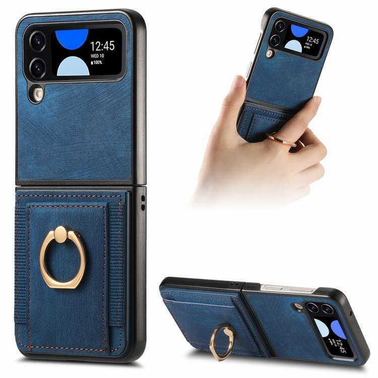 For Samsung Galaxy Z Flip4 Retro Skin-feel Ring Card Bag Phone Case(Blue)