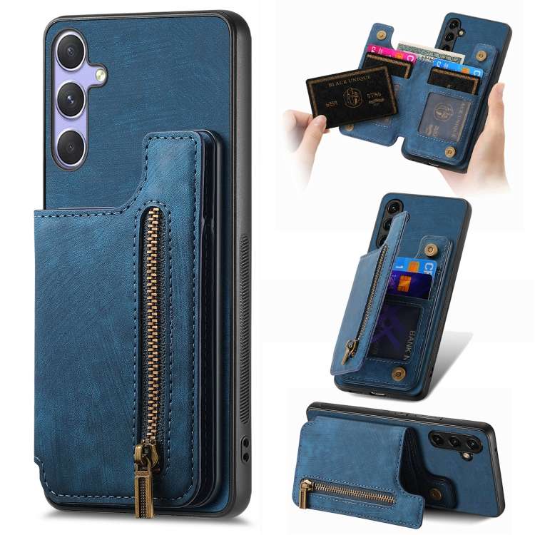 For Samsung Galaxy S25 Ultra 5G Retro Leather Zipper Wallet Back Phone Case(Blue)