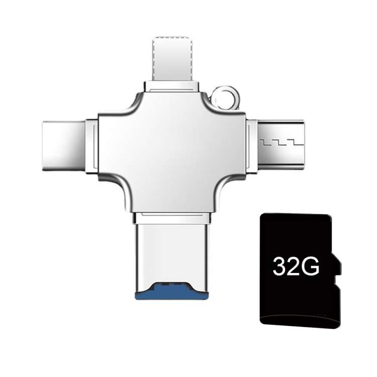 4 in 1 USB-C / Type-C USB 2.0 + Micro USB + 8 Pin Adapter TF Card Reader, Memory Card:32GB(Sliver)