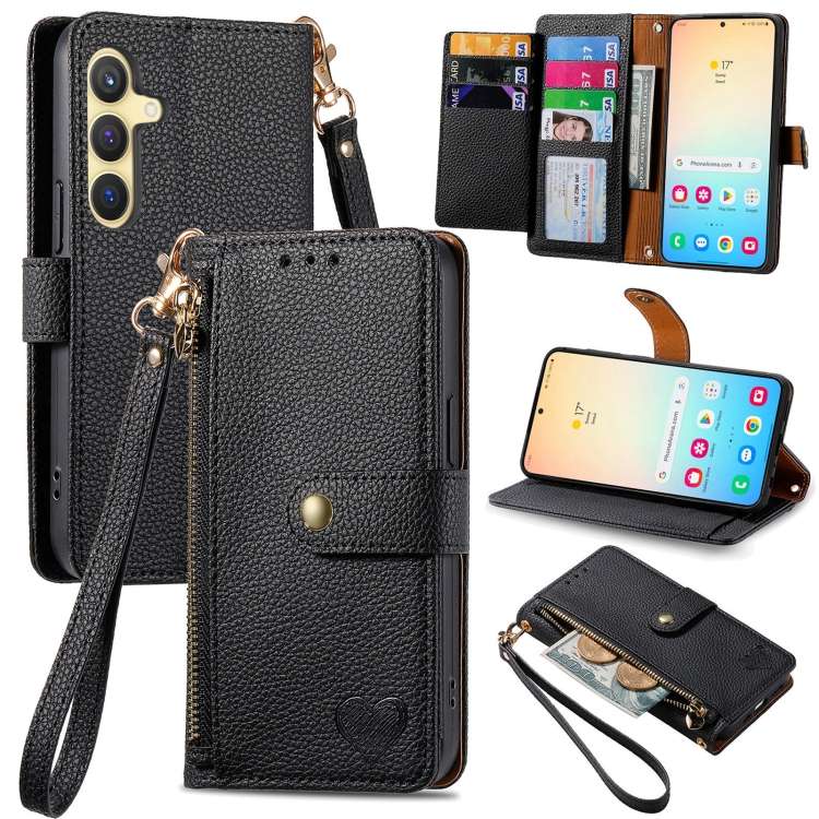 For Samsung Galaxy S25 5G Love Zipper Lanyard Leather Phone Case(Black)