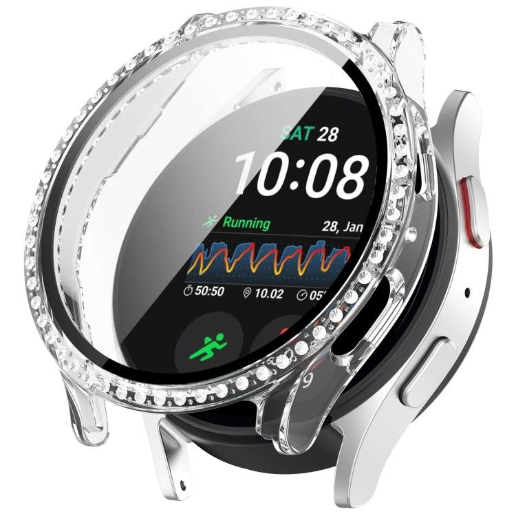 For Samsung Galaxy Watch 7 44mm Single Row Diamond PC + Tempered Film Inte ... (Transparent White)