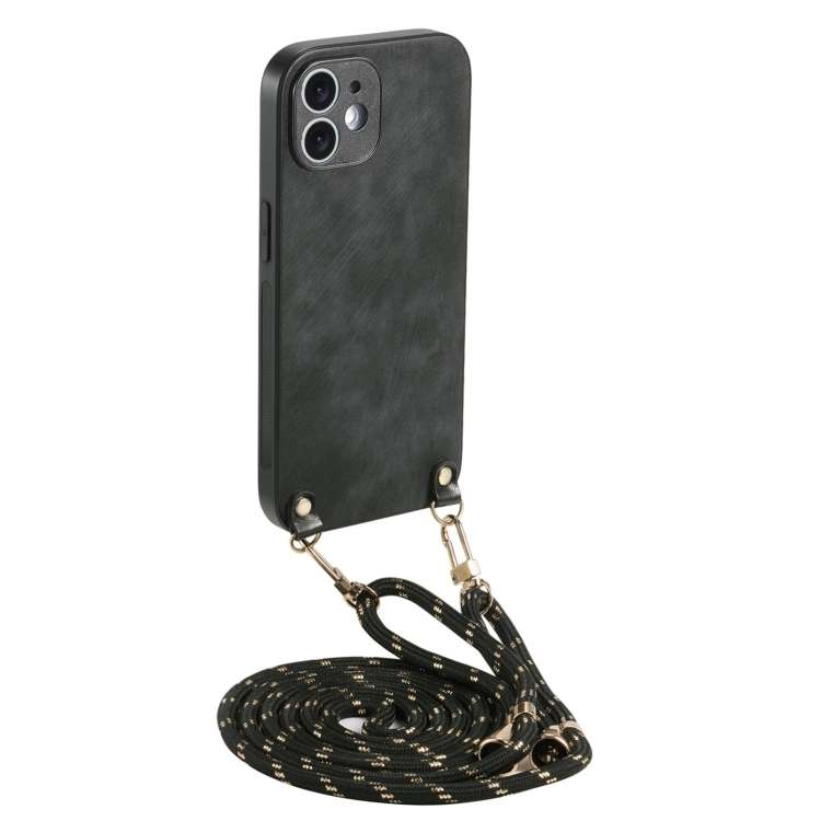 For iPhone 12 mini Vintage Leather PC Back Cover Phone Case with Crossbody Strap(Black)