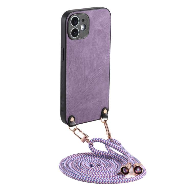 For iPhone 12 mini Vintage Leather PC Back Cover Phone Case with Crossbody Strap(Purple)