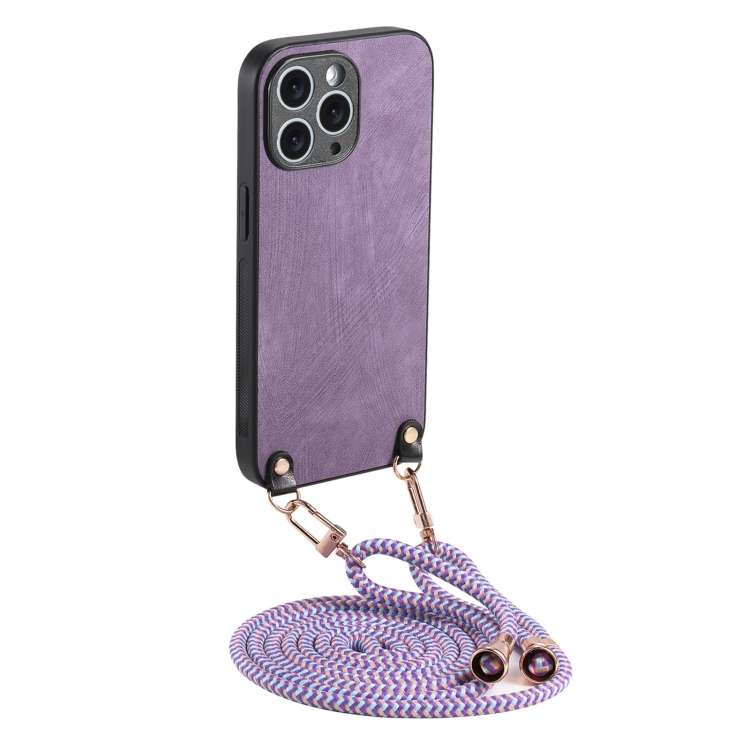 For iPhone 11 Pro Vintage Leather PC Back Cover Phone Case with Crossbody Strap(Purple)
