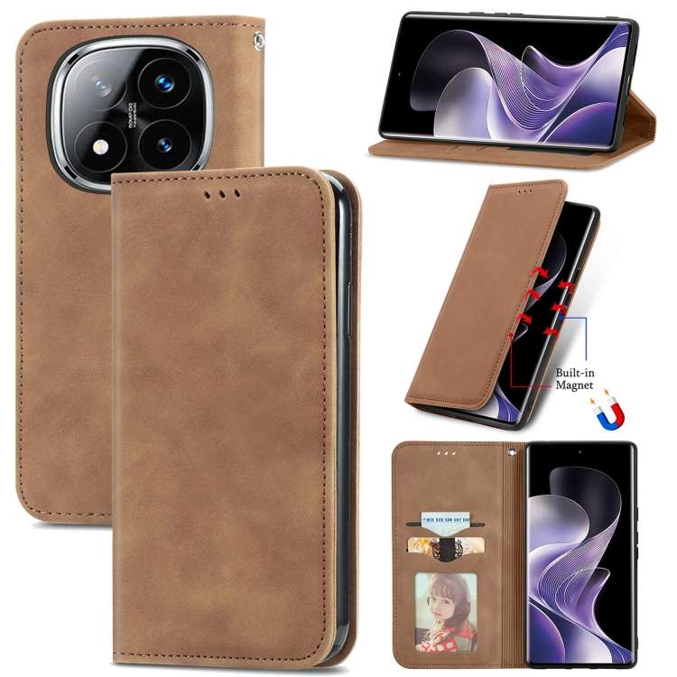 For Xiaomi Redmi Note 14 Pro+ 5G Retro Skin Feel Magnetic Flip Leather Phone Case(Brown)