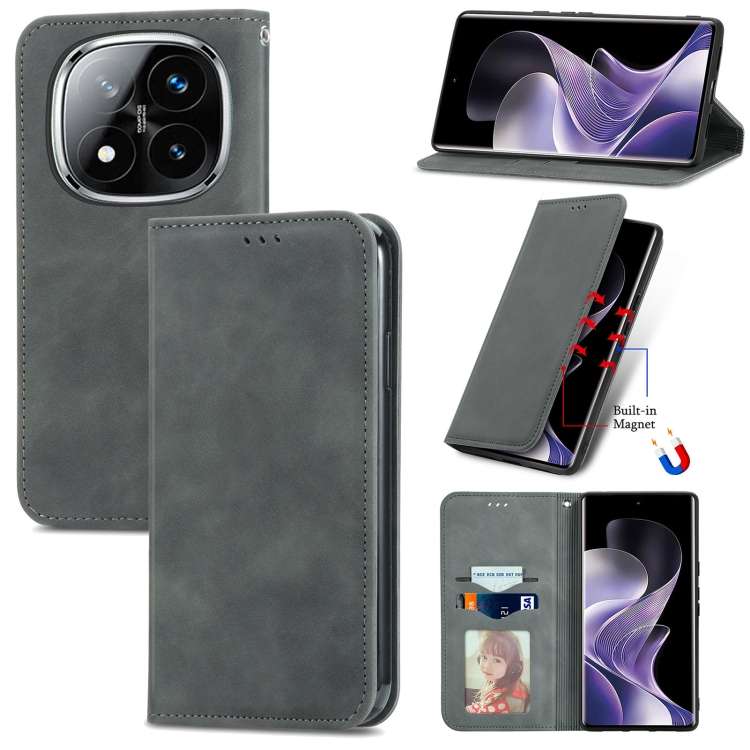For Xiaomi Redmi Note 14 Pro+ 5G Retro Skin Feel Magnetic Flip Leather Phone Case(Gray)