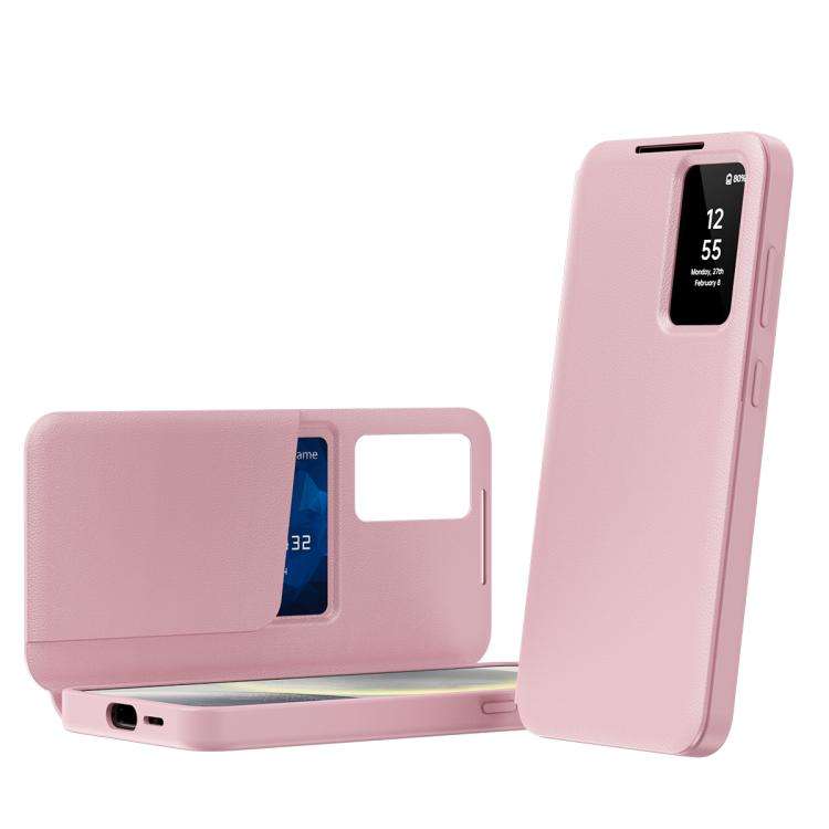 For Samsung Galaxy S25 5G Smart View Window Leather Phone Case with Card Slot(Pink)