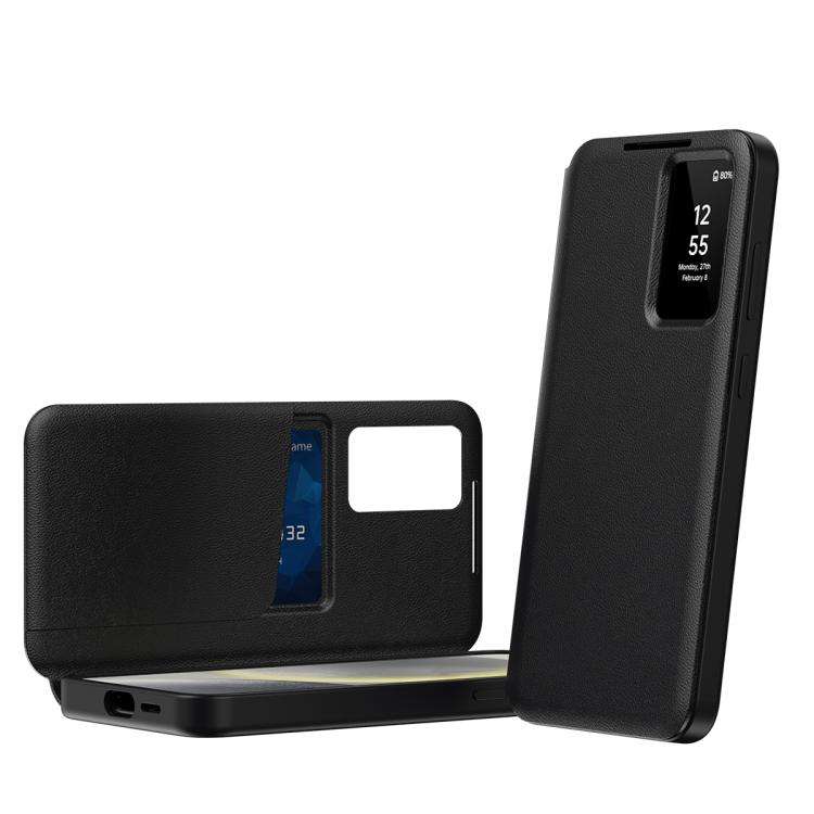 For Samsung Galaxy S25 5G Smart View Window Leather Phone Case with Card Slot(Black)