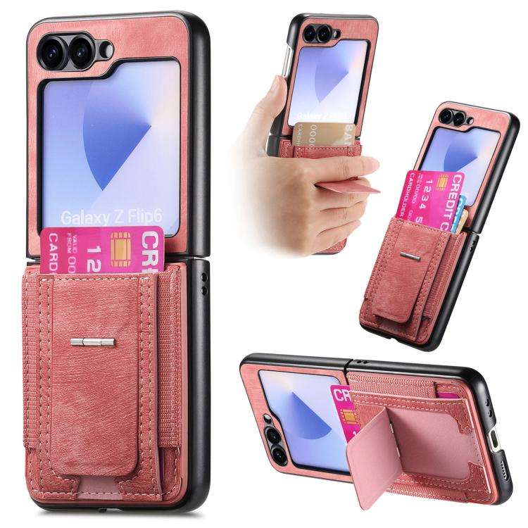 For Samsung Galaxy Z Flip5 5G Retro Leather Fold Stand Elastic Card Bag Phone Case(Pink)