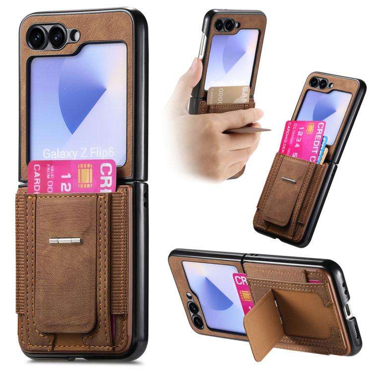 For Samsung Galaxy Z Flip6 / Flip7 FE Retro Leather Fold Stand Elastic Card Bag Phone Case(Brown)