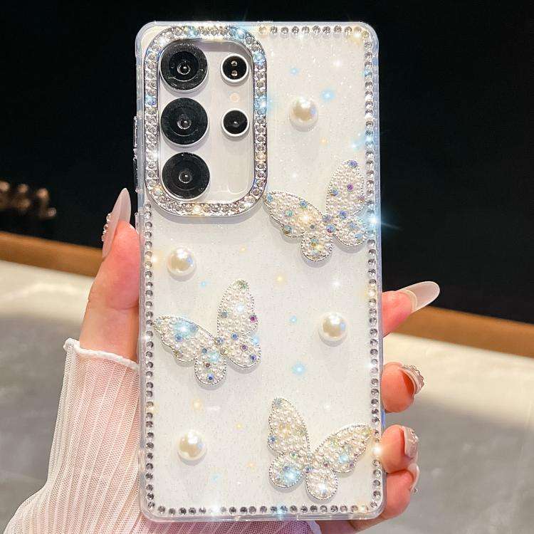 For Samsung Galaxy S23 Ultra 5G Diamond Glitter Pearl Butterfly Four-Corner Shockproof ... (White)