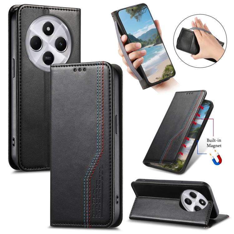 For Redmi 14C 4G / 5G Elastic Wristband Magnetic Suction Leather Phone Case(Black)