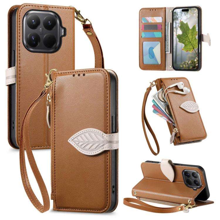For Redmi 15C 5G / 4G Global 171mm Leaf Buckle Zipper Wallet Leather Phone Case with Strap(Brown)