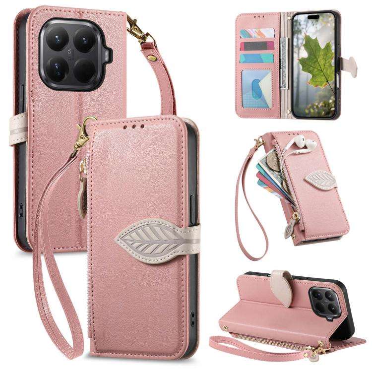For Redmi 15C 5G / 4G Global 171mm Leaf Buckle Zipper Wallet Leather Phone Case with Strap(Pink)