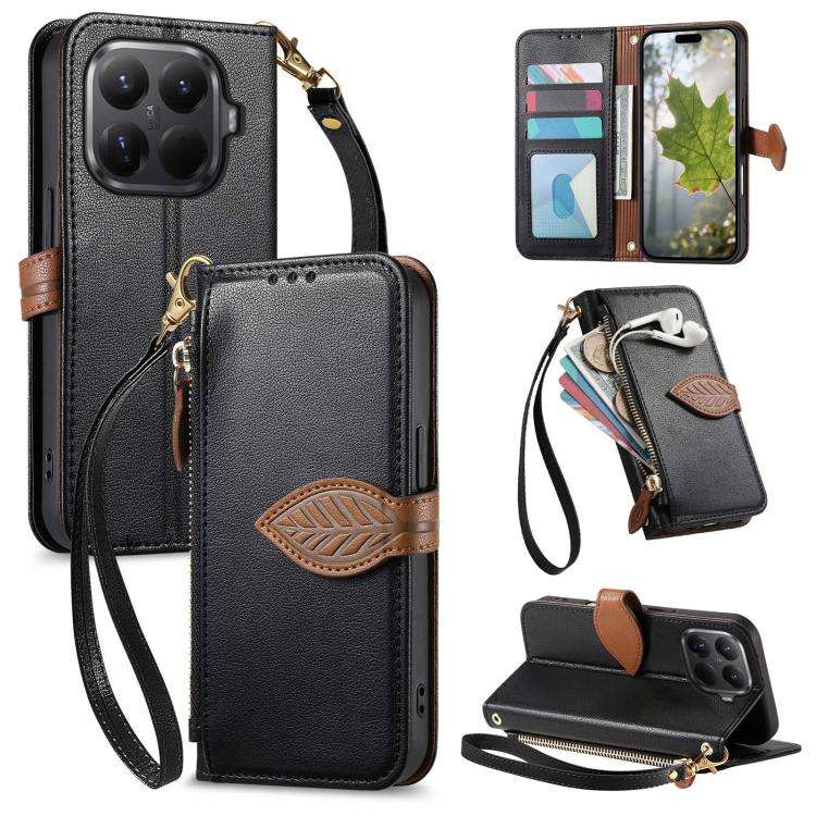 For Redmi 15C 5G / 4G Global 171mm Leaf Buckle Zipper Wallet Leather Phone Case with Strap(Black)
