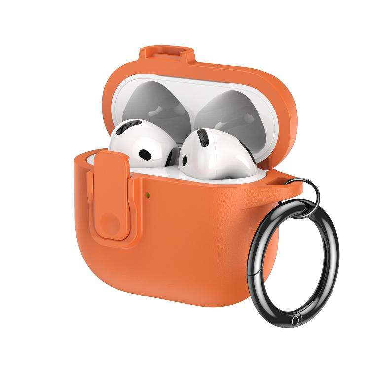 For AirPods 4 Grained Leather Look TPU Earphone Cover with Ring Hook(Vitality Orange)