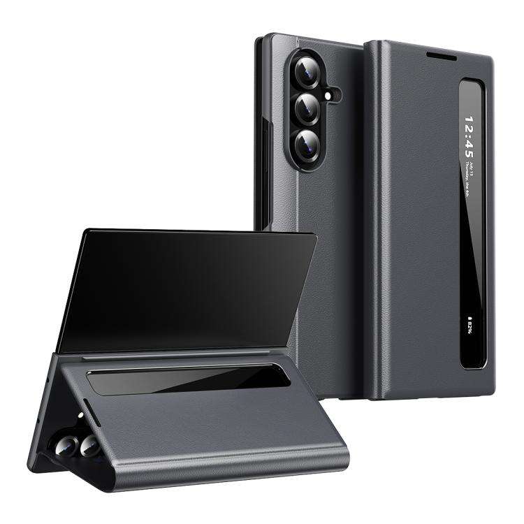 For Samsung Galaxy Z Fold7 5G Smart View Window Leather Phone Case(Grey)