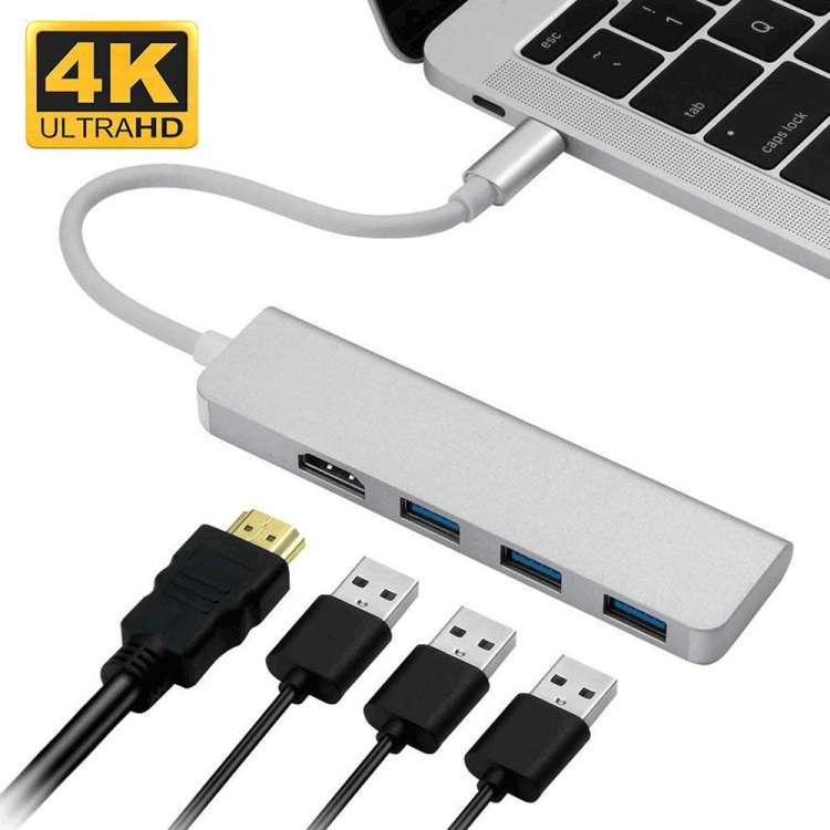 USB-C Hub, Type-C Adapter To HDMI,3 USB 3.0, Portable Aluminum USB C Dongle For MacBook Pro 2018/2