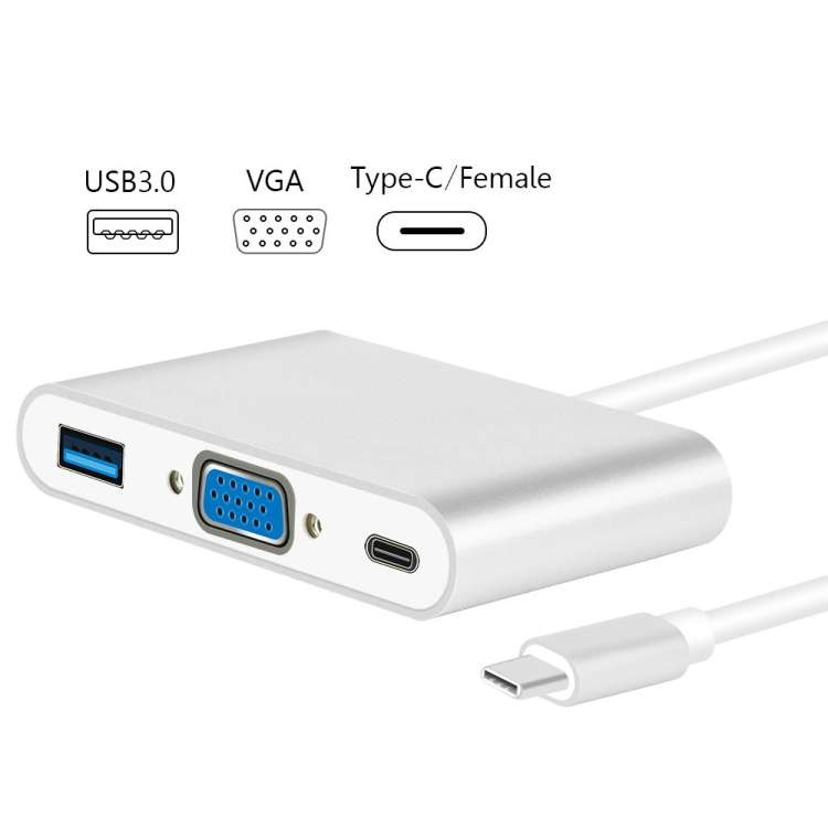USB Type C to VGA 3-in-1 Hub Adapter supports USB Type C tablets and laptops for Macb ... (Silver)