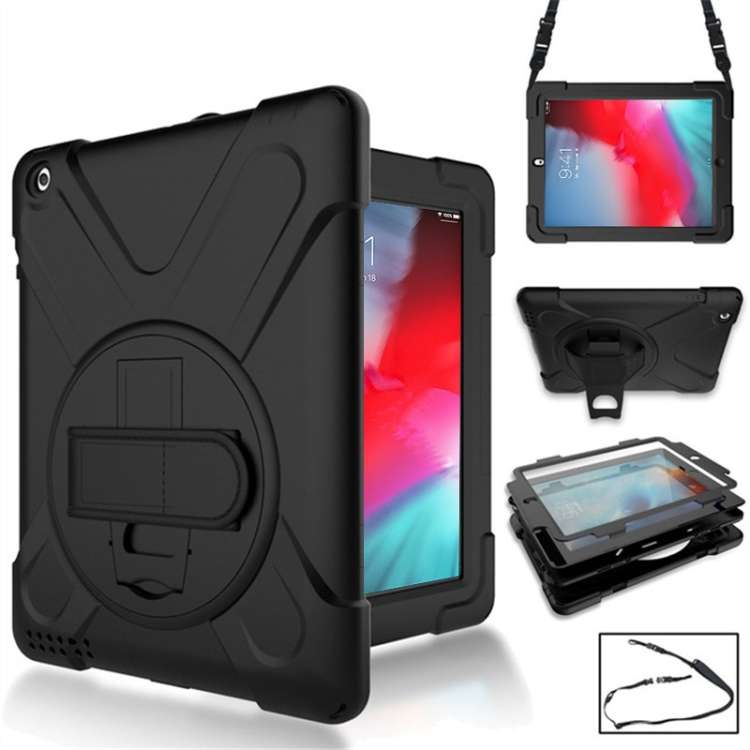 360 Degree Rotation Silicone Protective Cover with Holder and Hand Strap and Long Stra ... (Black)