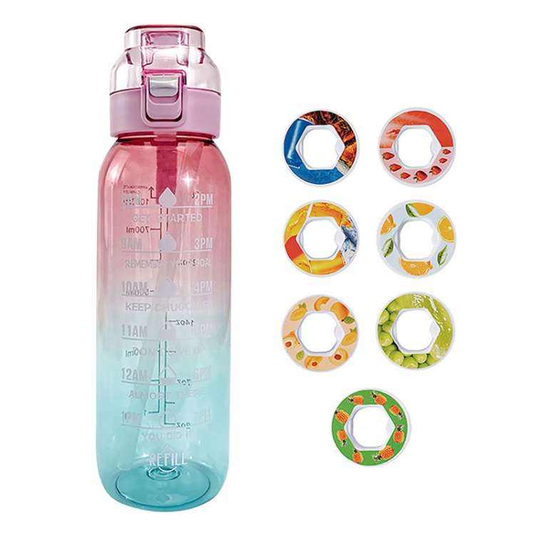 1000ml Large Capacity Fruity Water Bottle With 7 Flavor Rings Straw Drinking Cup ... (Clear Pink)