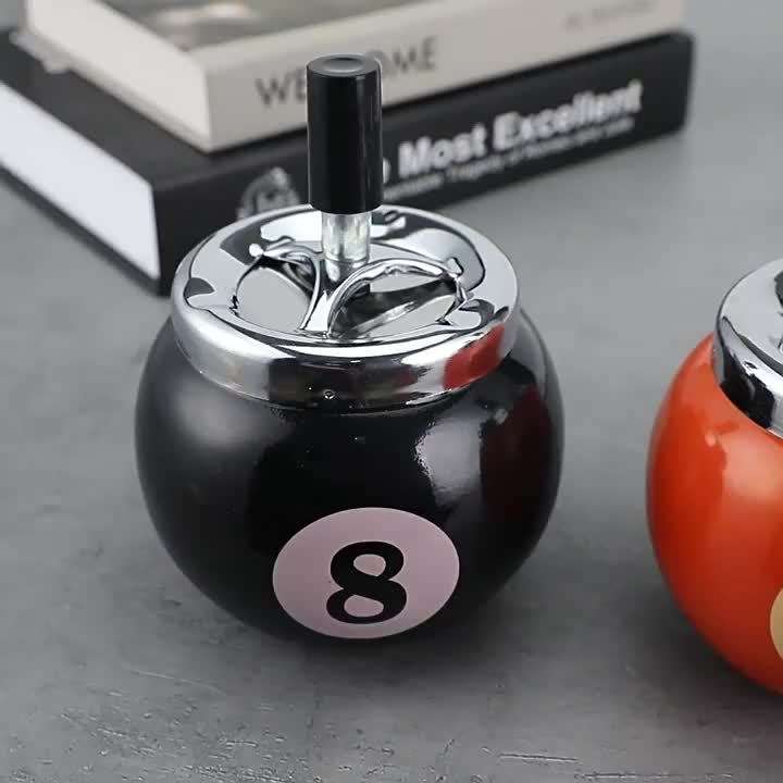 Black No.8 Billiard Ball Cigarette Ashtray C Durable Iron Design Push Button Operation Perfec