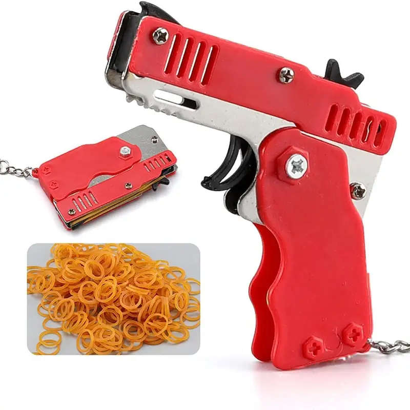 Rubber Band Gun Toy Mini Metal Folding Rubber Gun Rubber Launcher Toy With Keychain And Rubber Bands