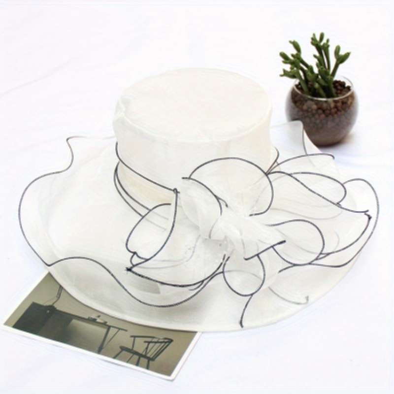 1pc Wide Brim Organza Sun Hat Elegant Mesh Breathable Derby Church Hat Flower Decor Foldable Travel