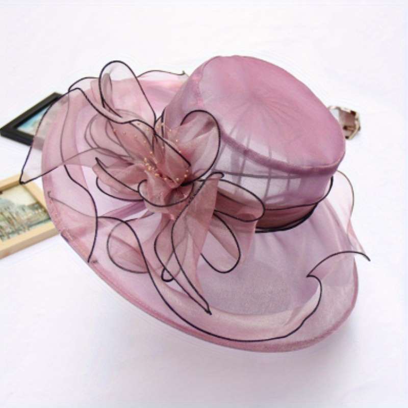 1pc Wide Brim Organza Sun Hat Elegant Mesh Breathable Derby Church Hat Flower Decor Foldable Travel