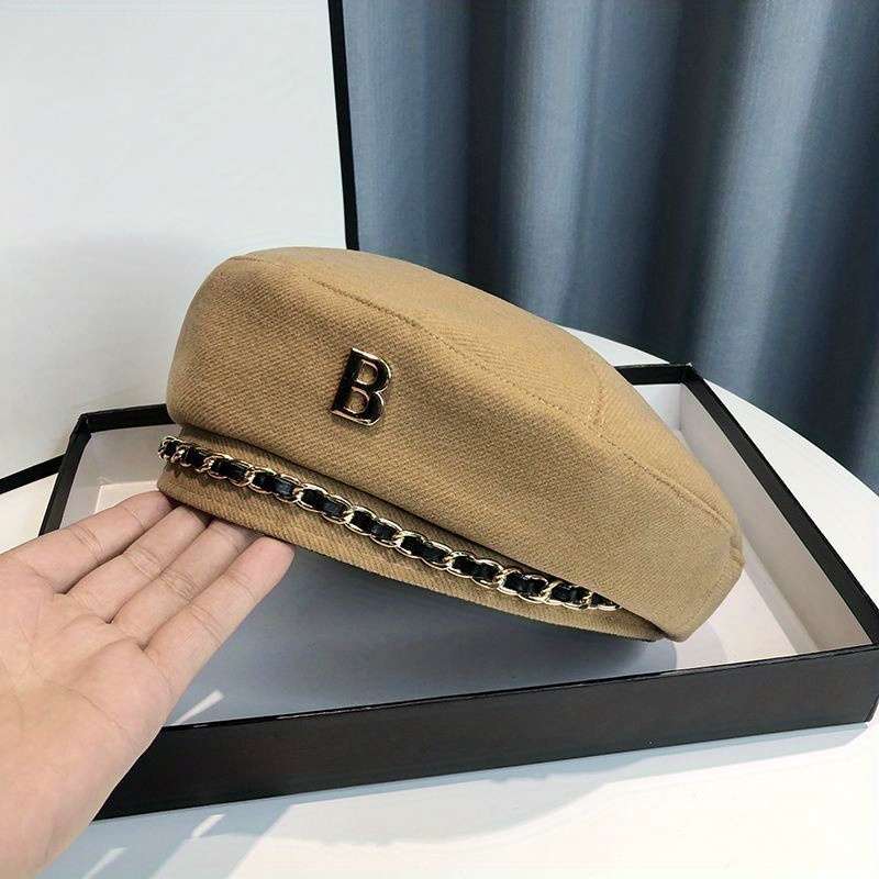 1pc Elegant Chain Decor Beret Lightweight British Style Painter Cap Vintage Berets Newsboy Hat