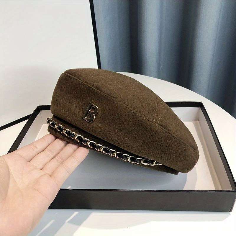 1pc Elegant Chain Decor Beret Lightweight British Style Painter Cap Vintage Berets Newsboy Hat