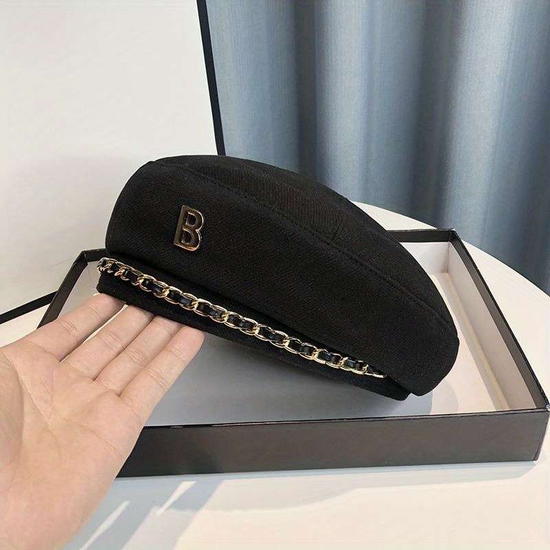 1pc Elegant Chain Decor Beret Lightweight British Style Painter Cap Vintage Berets Newsboy Hat