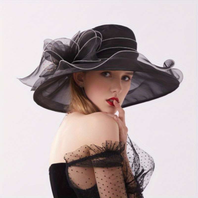 1pc Event Headwear Elegant Black Organza Sun Hat for Women with Vintage Floral Design Breathabl